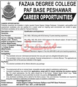 Fazaia Degree College Jobs 2026 PAF Base Peshawar Teaching Vacancies