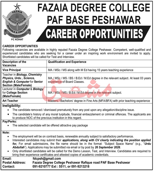Fazaia Degree College Jobs 2026 PAF Base Peshawar Teaching Vacancies