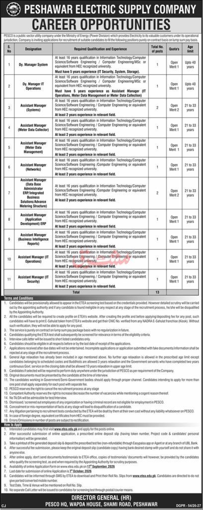 PESCO IT Jobs 2026 Deputy and Assistant Manager IT Vacancies