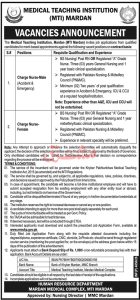 Mardan Medical Complex Jobs 2026 Charge Nurse Vacancy Poster