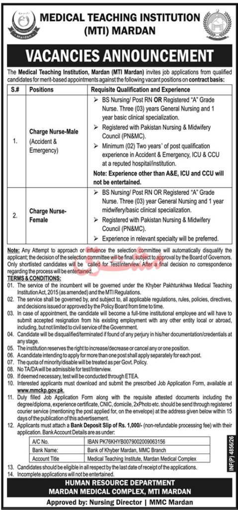 Mardan Medical Complex Jobs 2026 Charge Nurse Vacancy Poster
