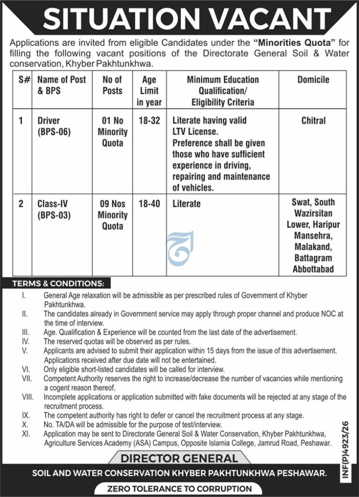Soil & Water Conservation KP Jobs 2026 Minority Quota Driver Class-IV